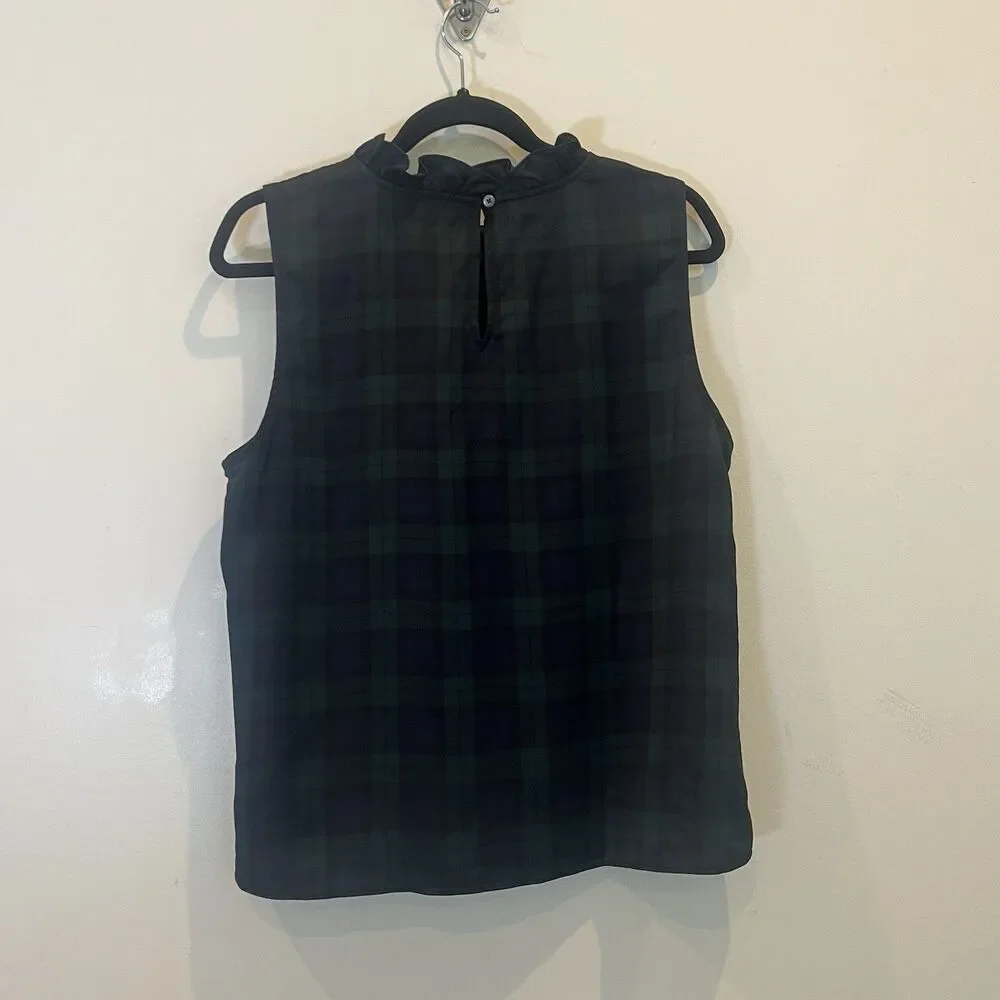 J. Crew NWT Green Plaid Ruffle Neck Sleeveless Bow Top Holiday Blouse Satin L